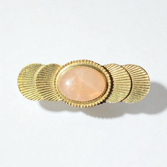 Vintage Rose Quartz Brooch Gold Tone Pink Cabochon Gemstone Shells Pin - Picture 1 of 6